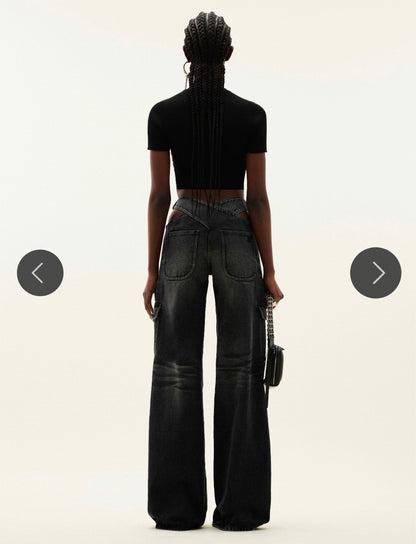 Courrégès Black Combat Denim Wide Leg Jeans - 36