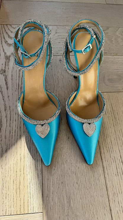 Mach & Mach Mach & Mach Crystal Heart Pointed Toe Pumps Blue Satin – EU 40/UK7