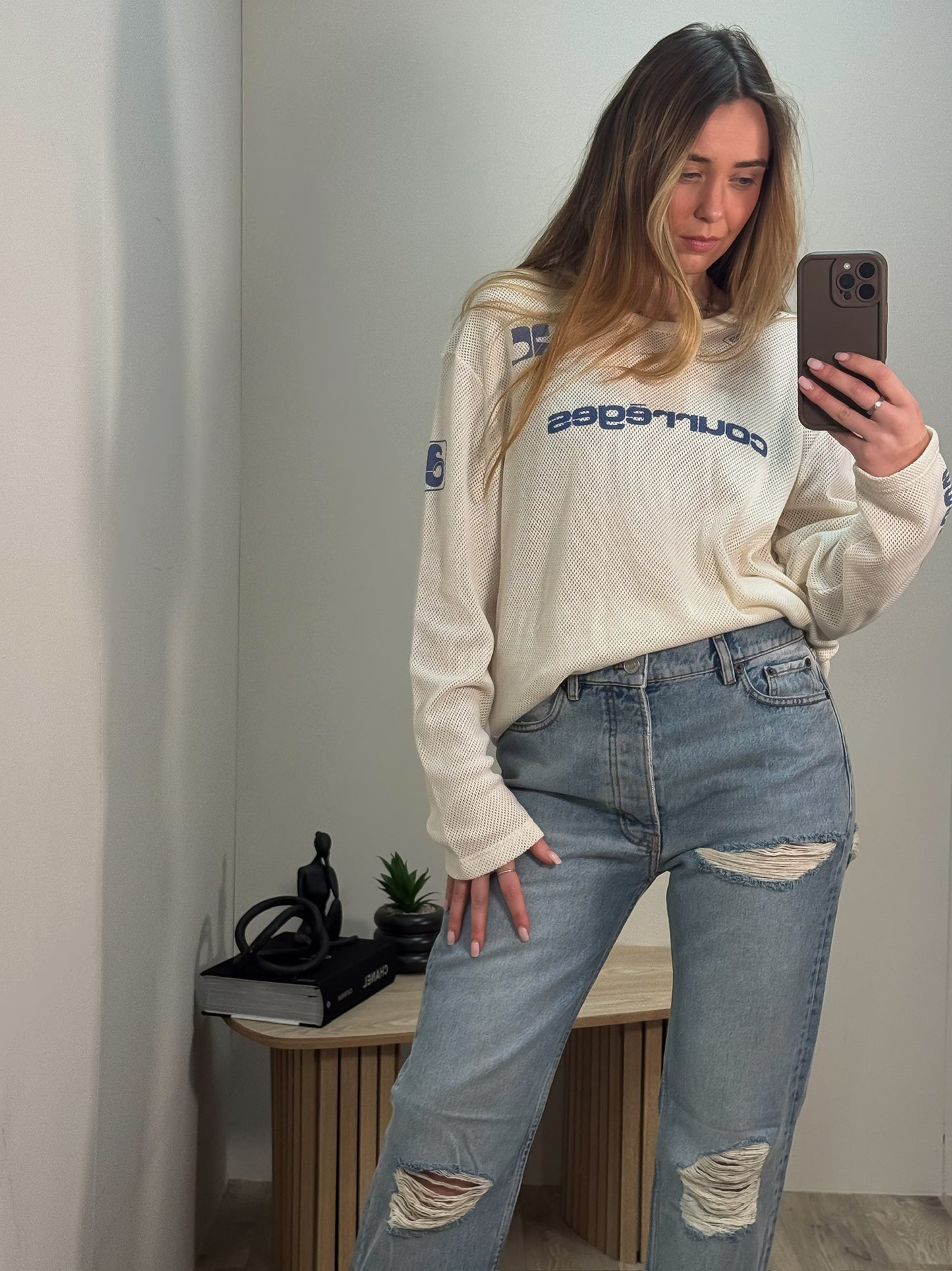 Courrégès White & Navy Netted Longsleeve Top - Small