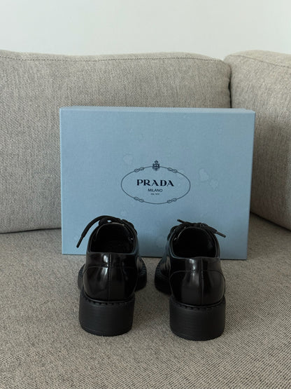 Prada Black Lace Up Loafers - Brand New 39/UK6