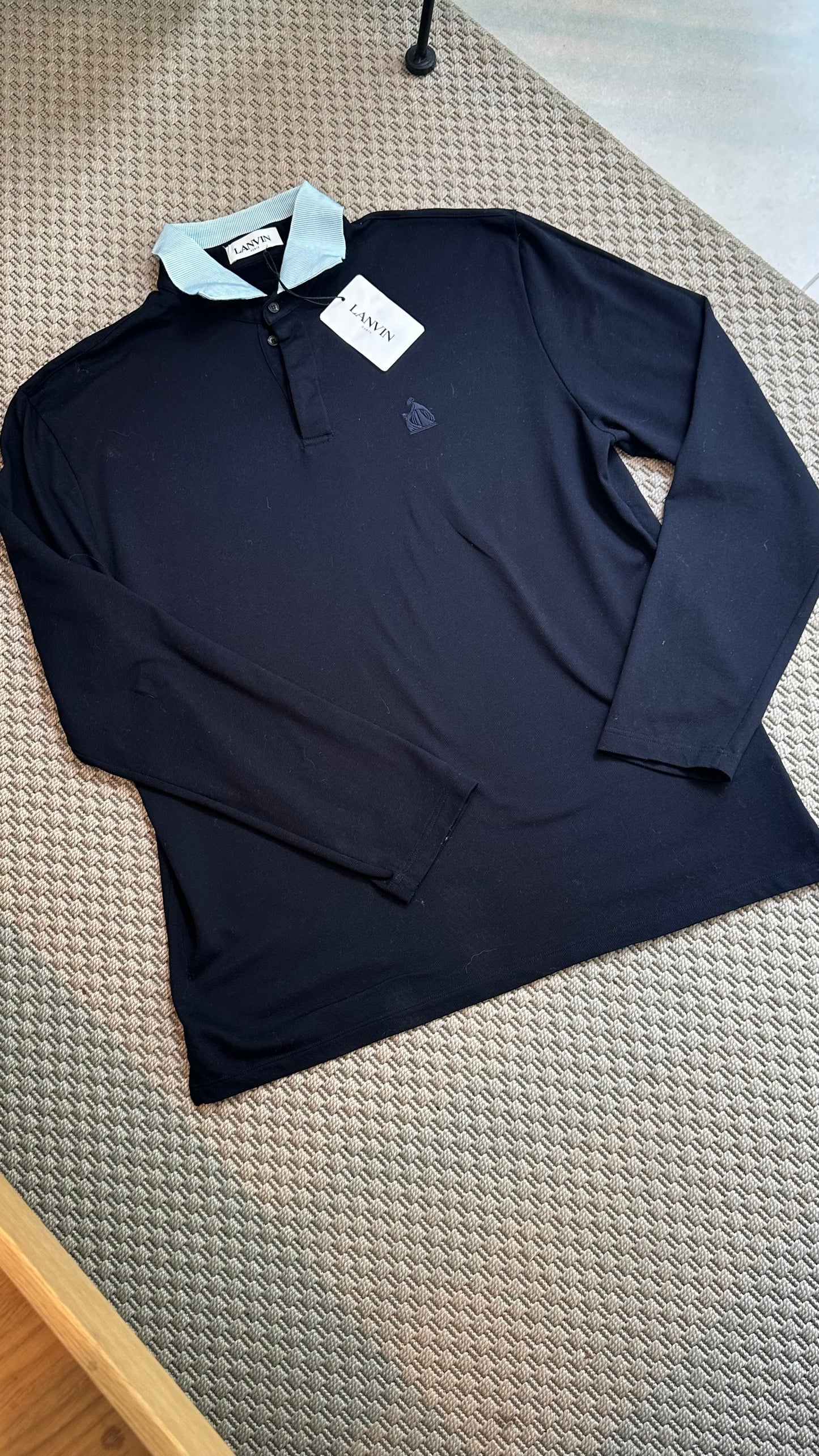 Lanvin Navy Long Sleeve Contrast Collar Polo, Brand New - XXL