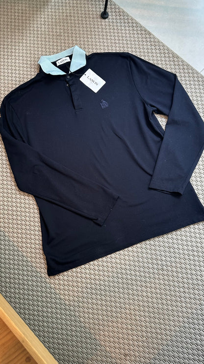 Lanvin Navy Long Sleeve Contrast Collar Polo, Brand New - XXL