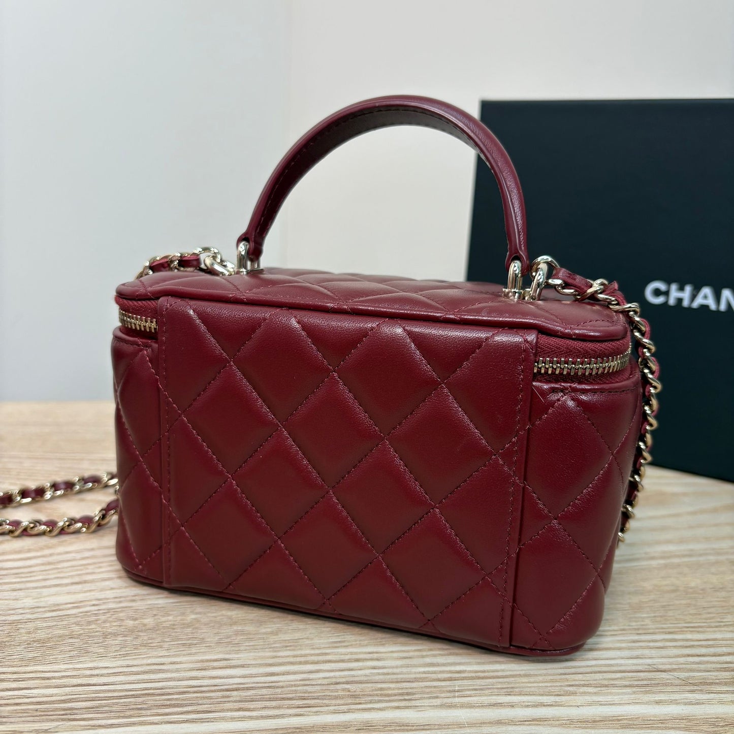 Chanel Lambskin Quilted Vanity Case with Chain in Burgundy