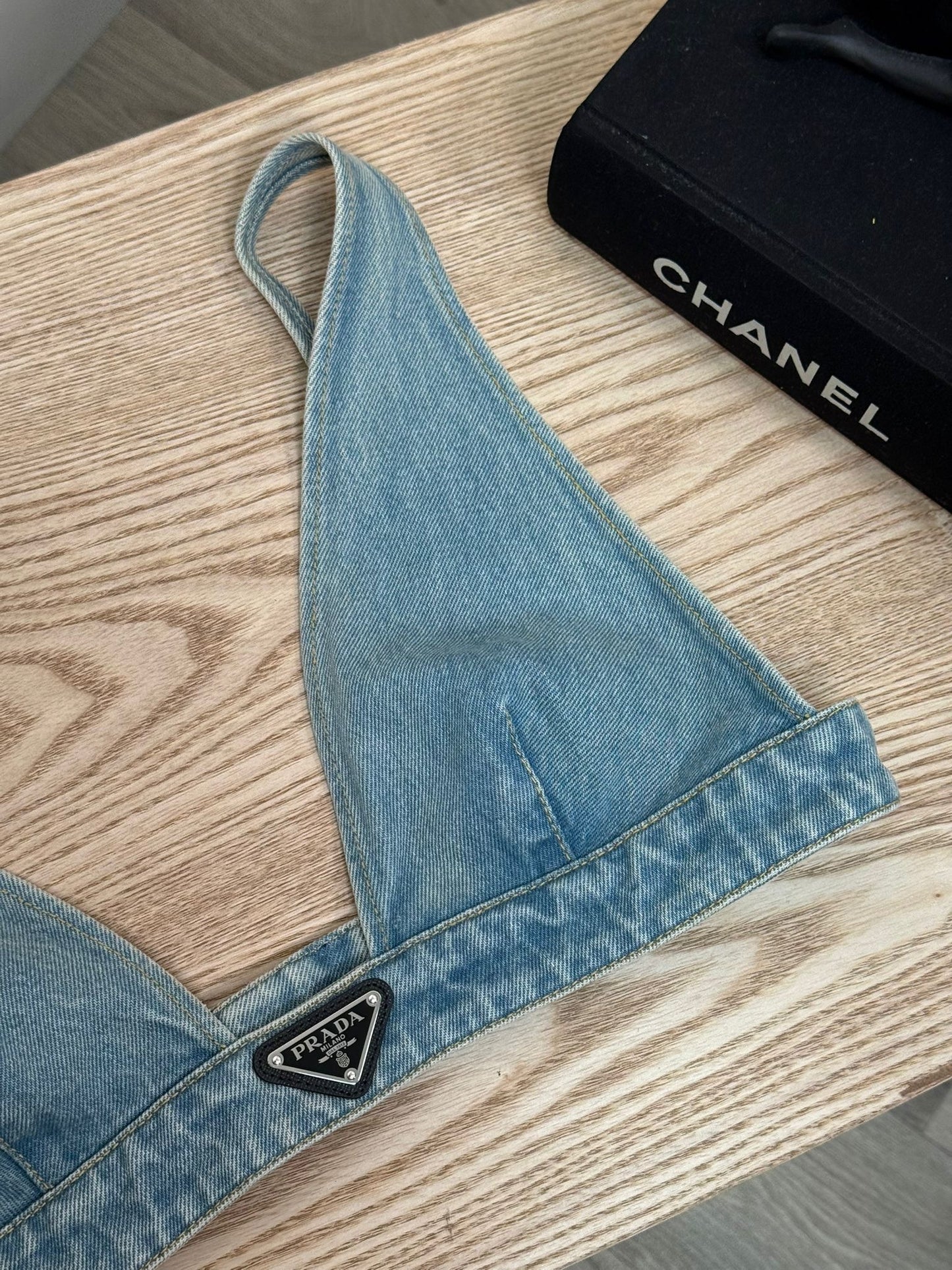 Prada Denim Plaque Logo Bralette Crop - EU 44