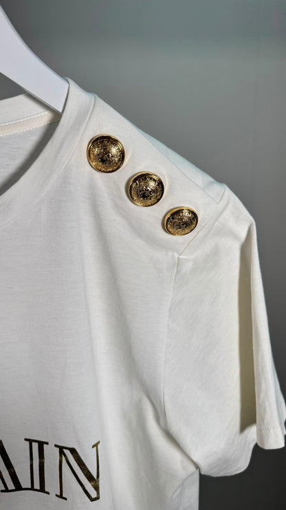 Balmain White Logo T-Shirt With Gold Buttons – IT 38. UK 8