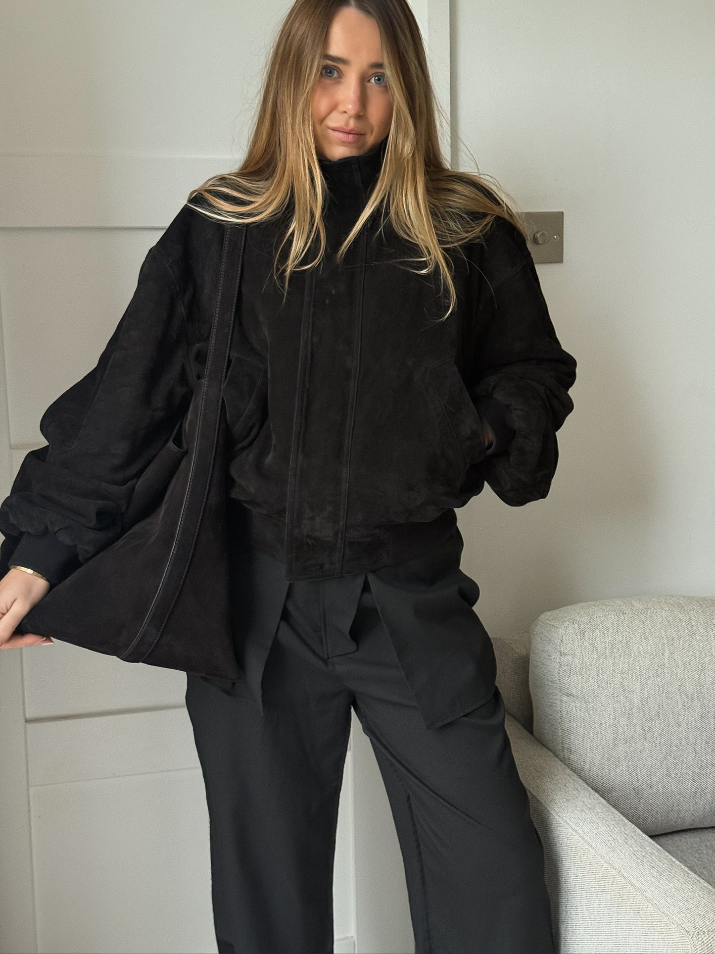 Balenciaga Black Suede Bomber Jacket - Small