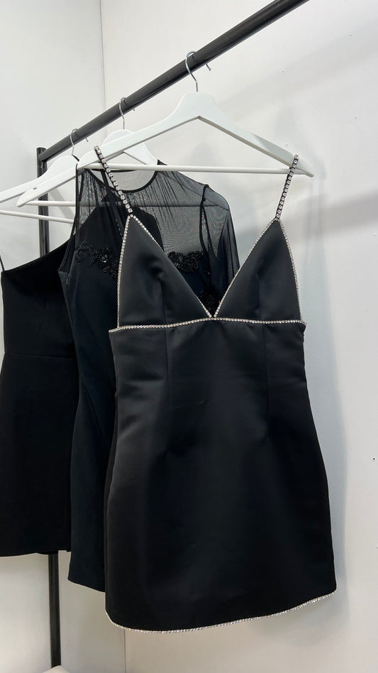 Area Black Strap Crystal Satin Dress - UK 6