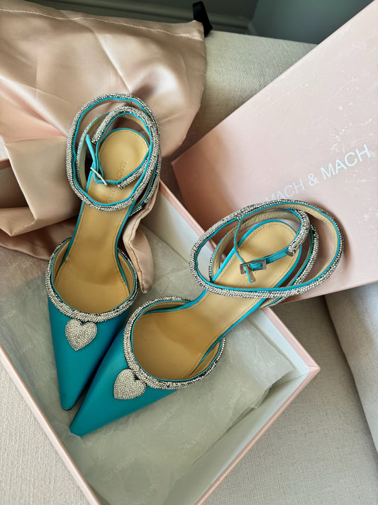 Mach & Mach Mach & Mach Crystal Heart Pointed Toe Pumps Blue Satin – EU 40/UK7