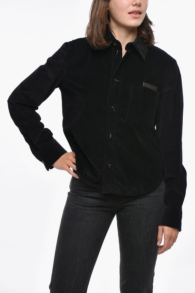 Bottega Veneta Black Ribbed Leather Trimmed Cotton Corduroy Overshirt Jacket - 40/M
