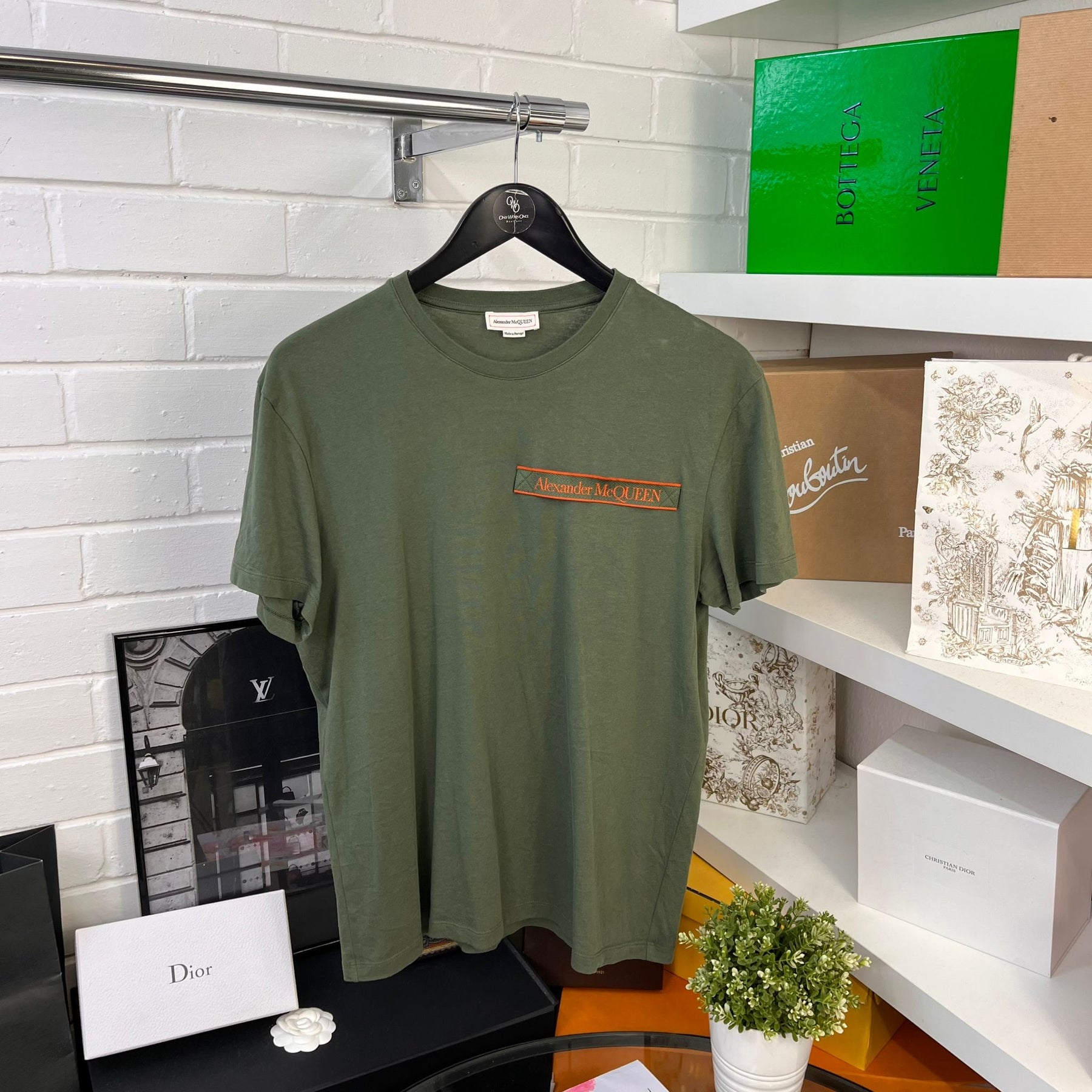 Alexander McQueen Khaki orange Stripe Logo T-Shirt - Small