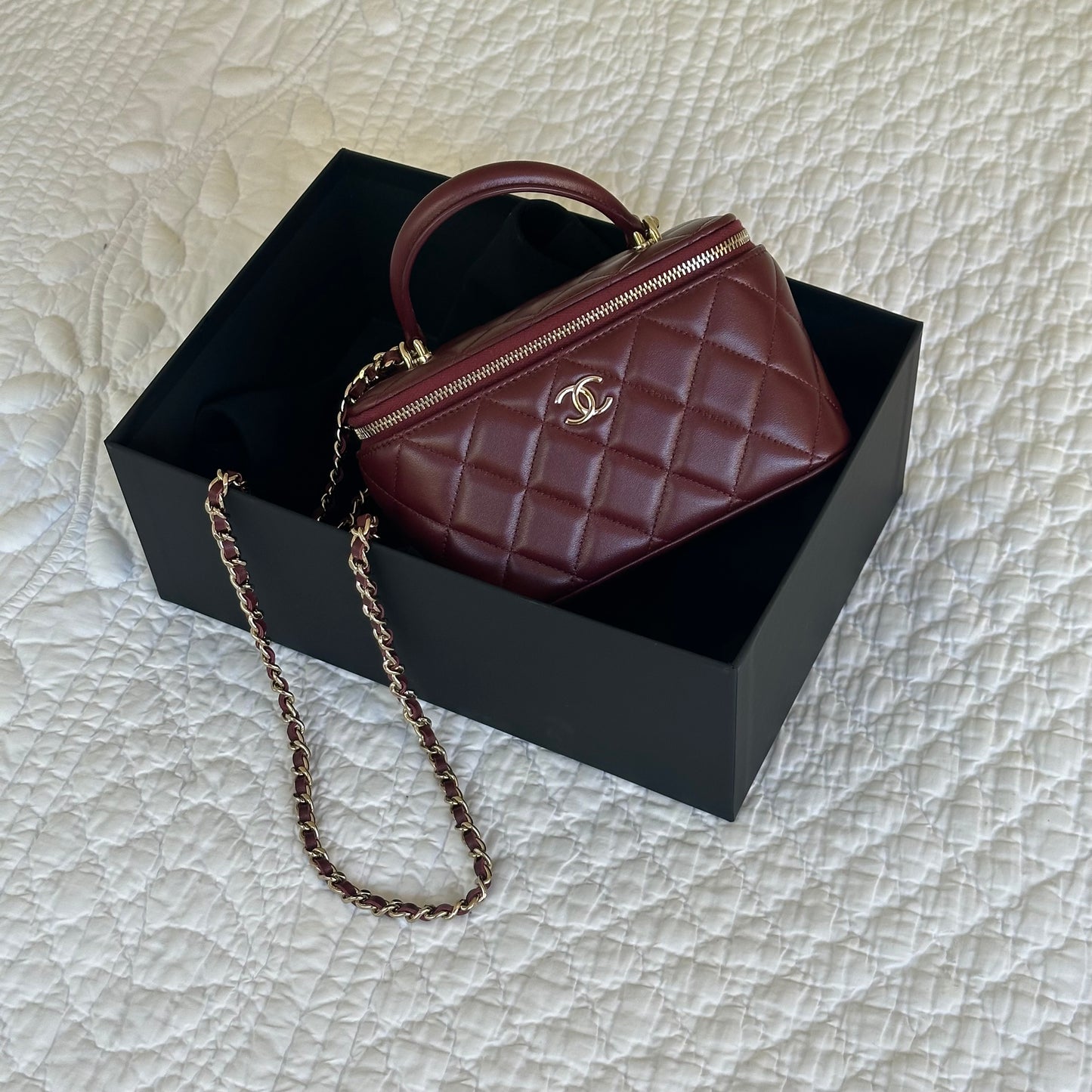 Chanel Lambskin Quilted Vanity Case with Chain in Burgundy