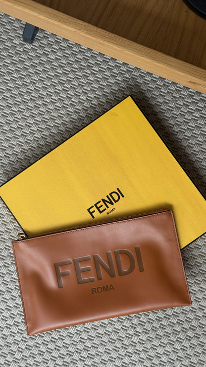 Fendi Brown Logo Flat Clutch Bag