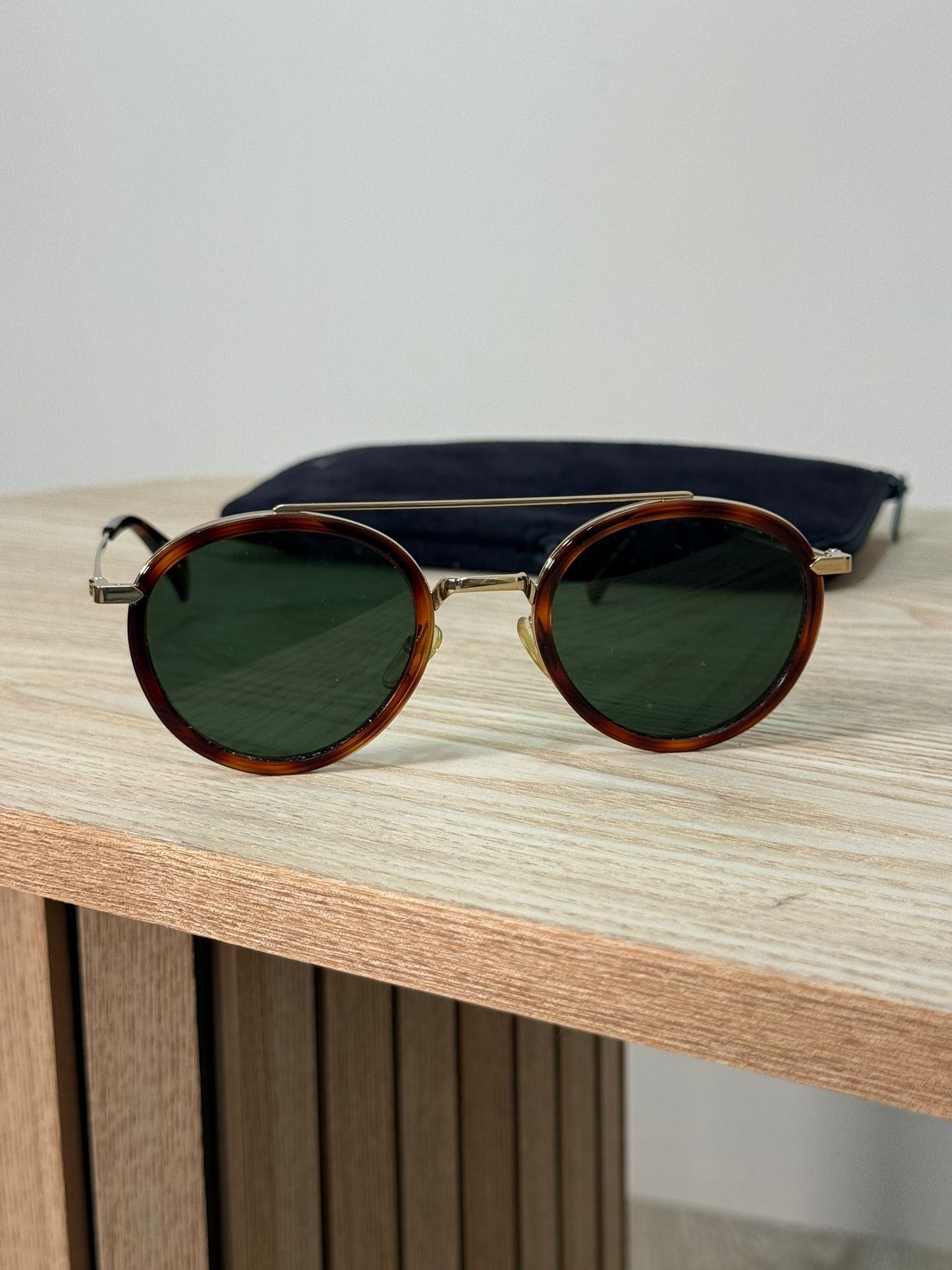 Celine Brown Tortoise Gold Round Green Lens Sunglasses - One Size