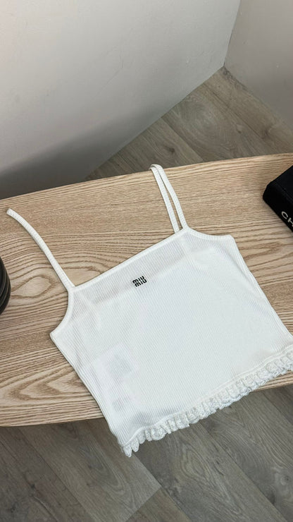 Miu Miu White Frill Ribbed Vest Top - Medium