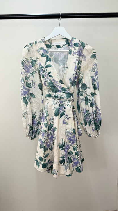 Zimmermann Cassia Floral-Print Linen Purple Green Floral Mini Dress -0