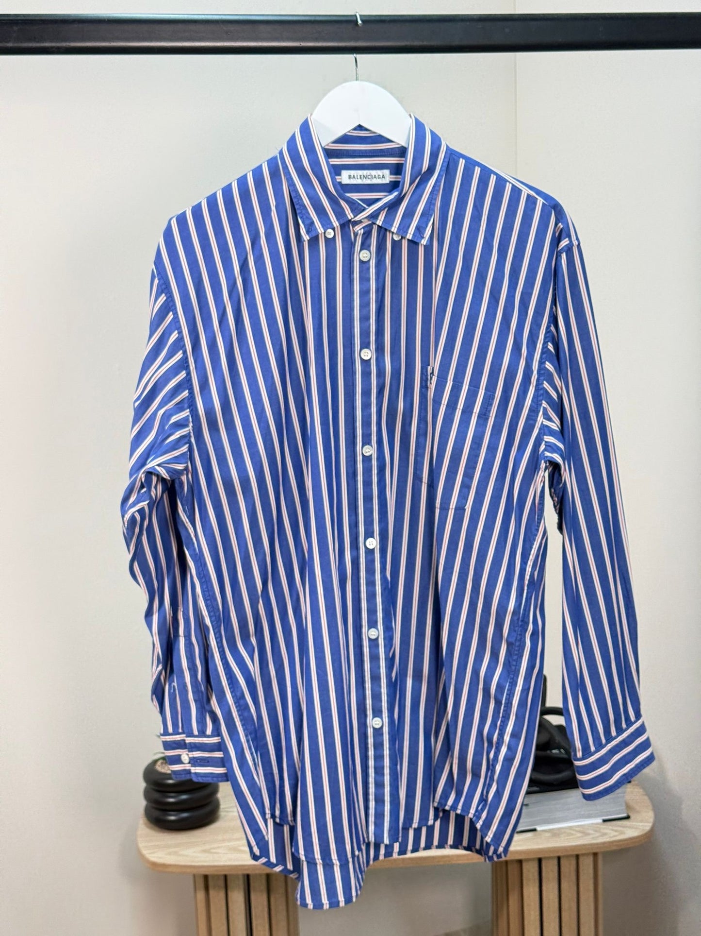 Balenciaga Dark Blue White Striped BB Logo Shirt - Size 36/S