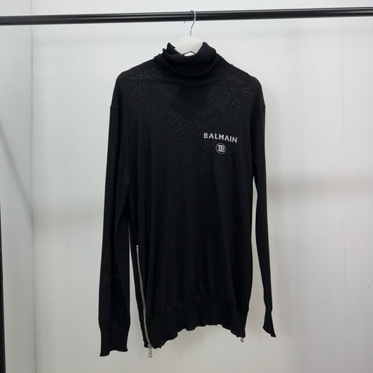 Balmain Black Logo Turtle Neck, Side Zip Up Jumper- Brand New In Tags, Medium