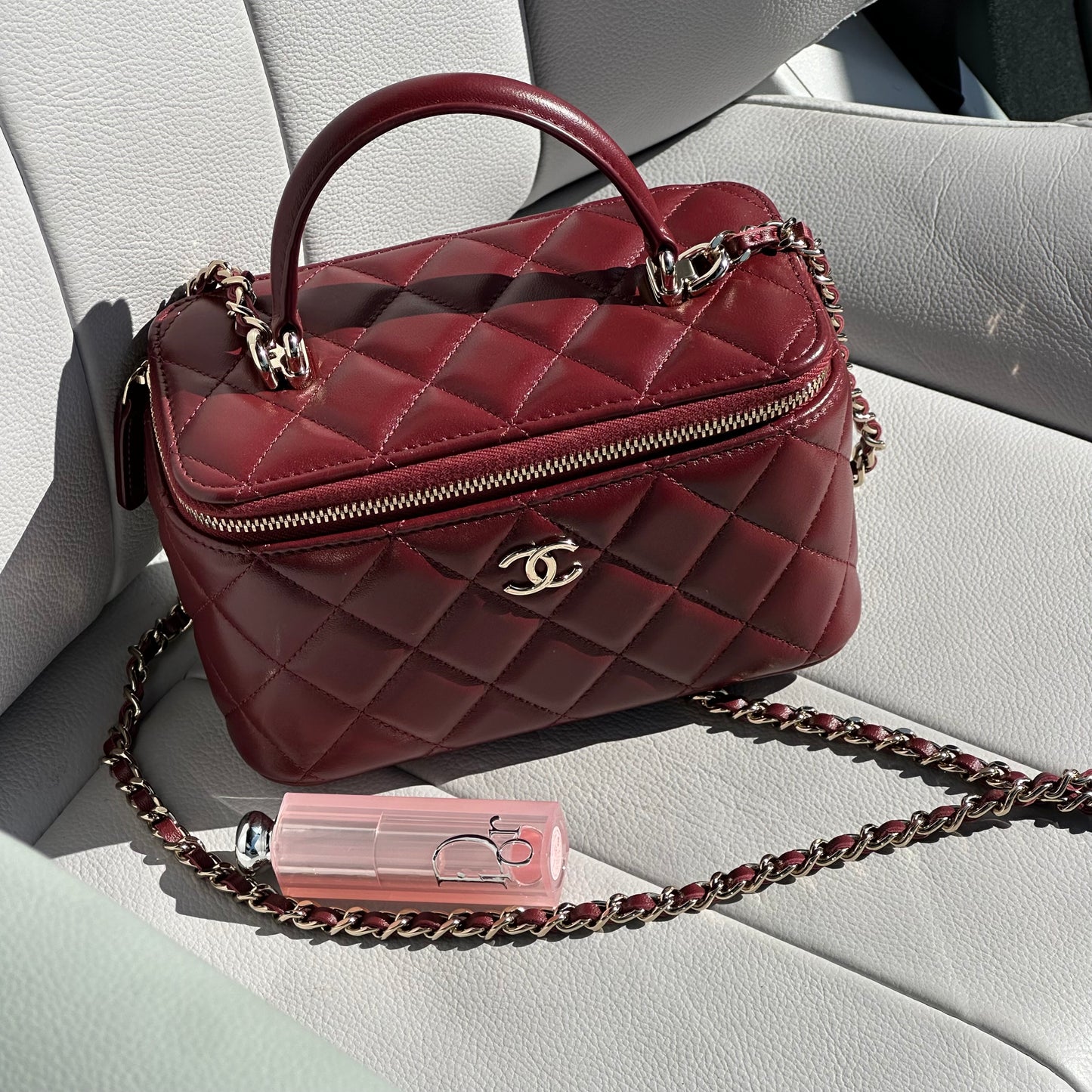 Chanel Lambskin Quilted Vanity Case with Chain in Burgundy