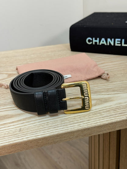 Miu Miu Black Gold Logo Embellished Leather Belt - 34/85