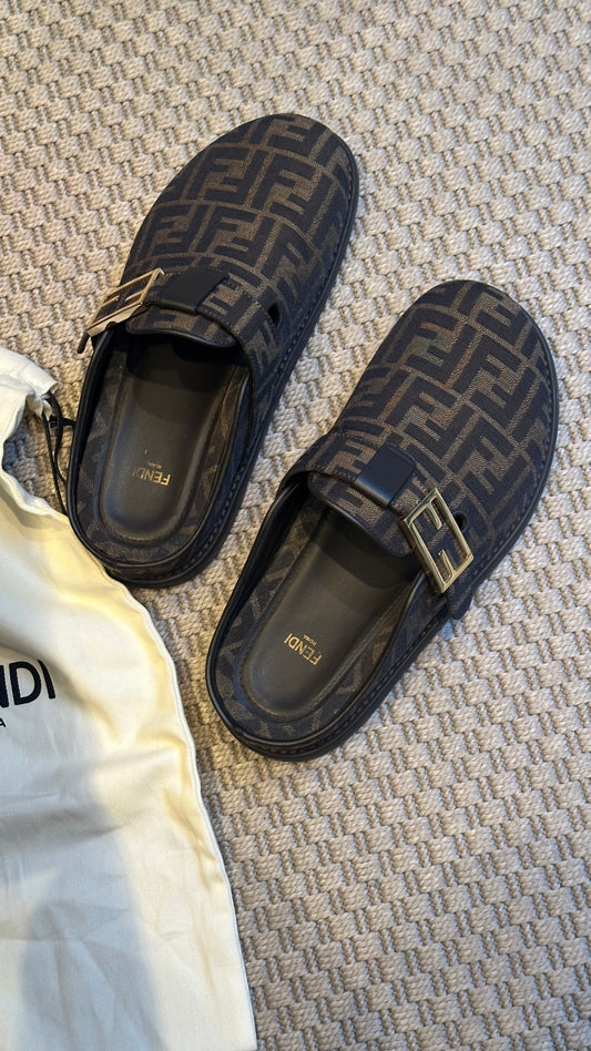 Fendi Brown FF gold mule slip on shoe - UK 7