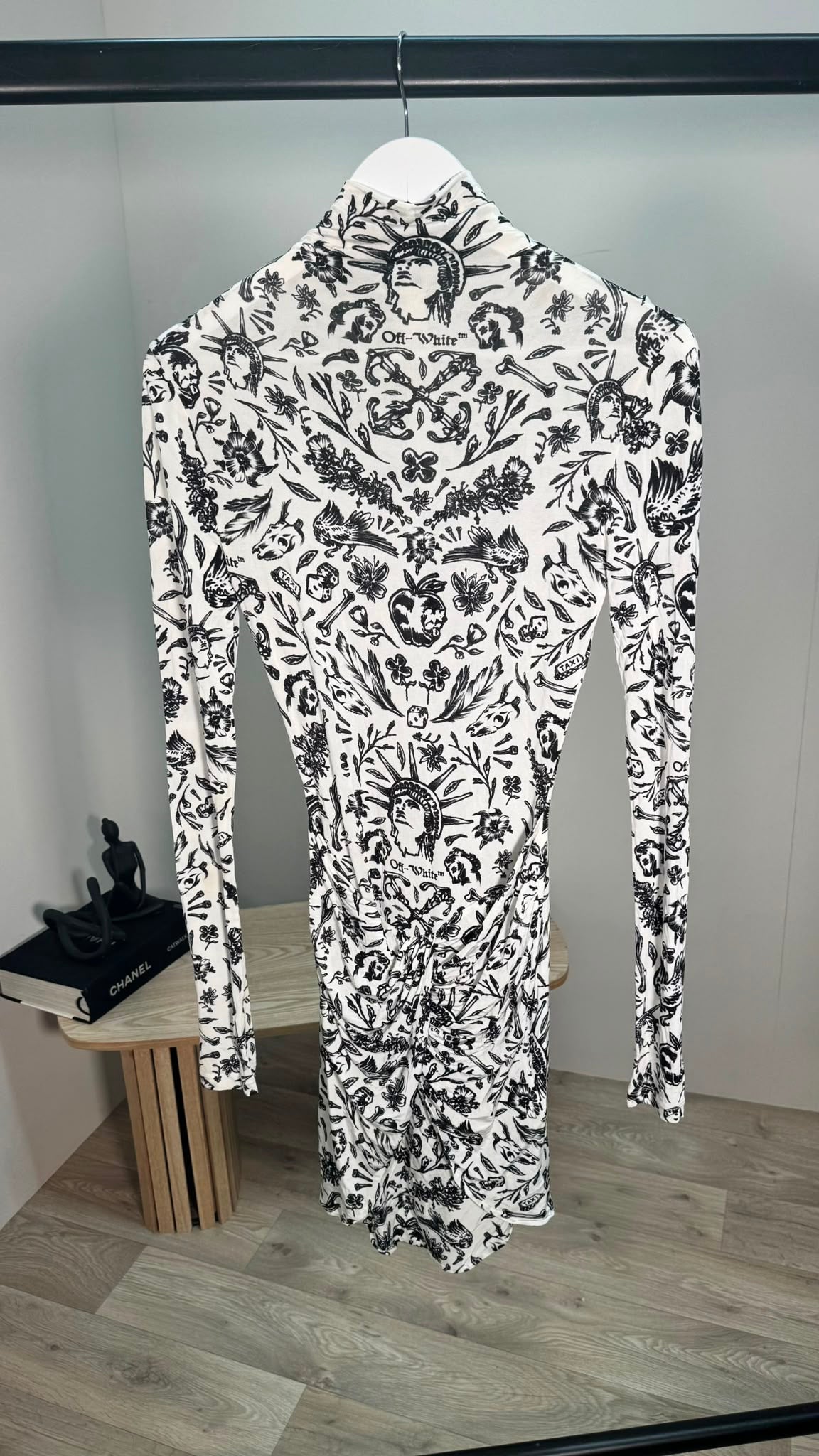 Off-White Black & White Print Ruched High Neck Dress – IT 40 / UK 8