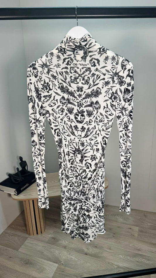Off-White Black & White Print Ruched High Neck Dress – IT 40 / UK 8