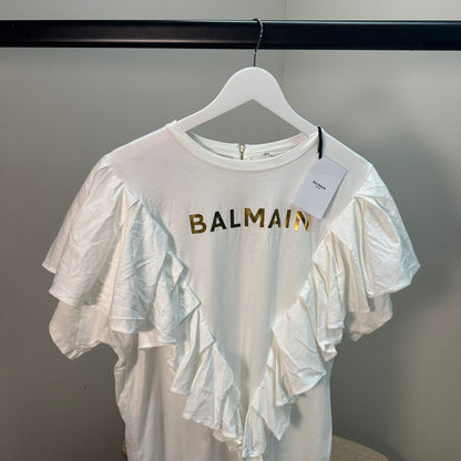 Kids Balmain White Long Ruffle Gold Logo Dress – Brand New Age 16