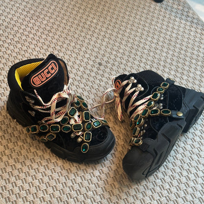 Gucci Black Crystal Velvet Flashtreck Chunky Boots – EU 37.5 / UK 4.5