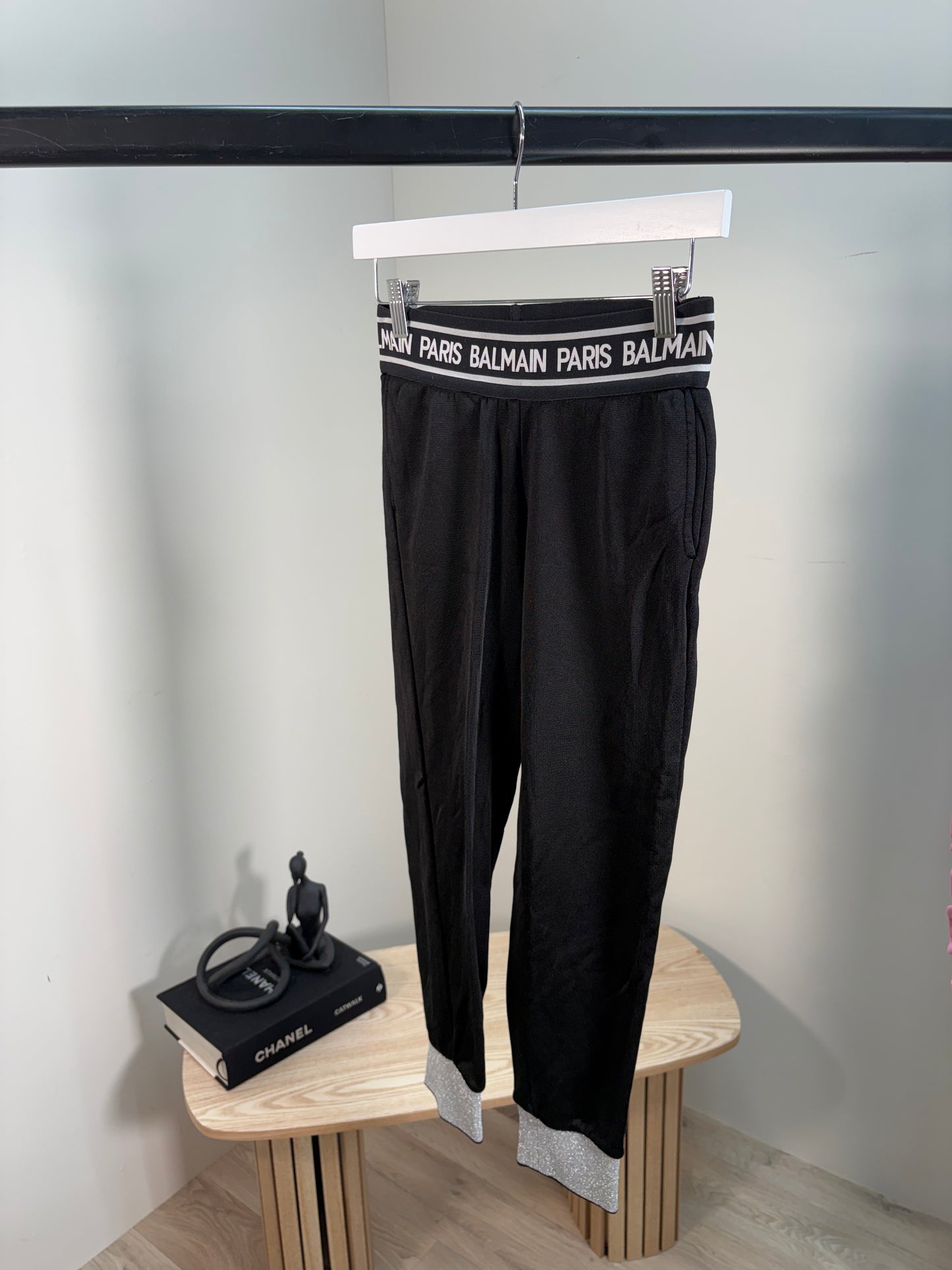 Kids Balmain White Logo Waist Black Silver Cuff Tracksuit Bottom’s – Age 12