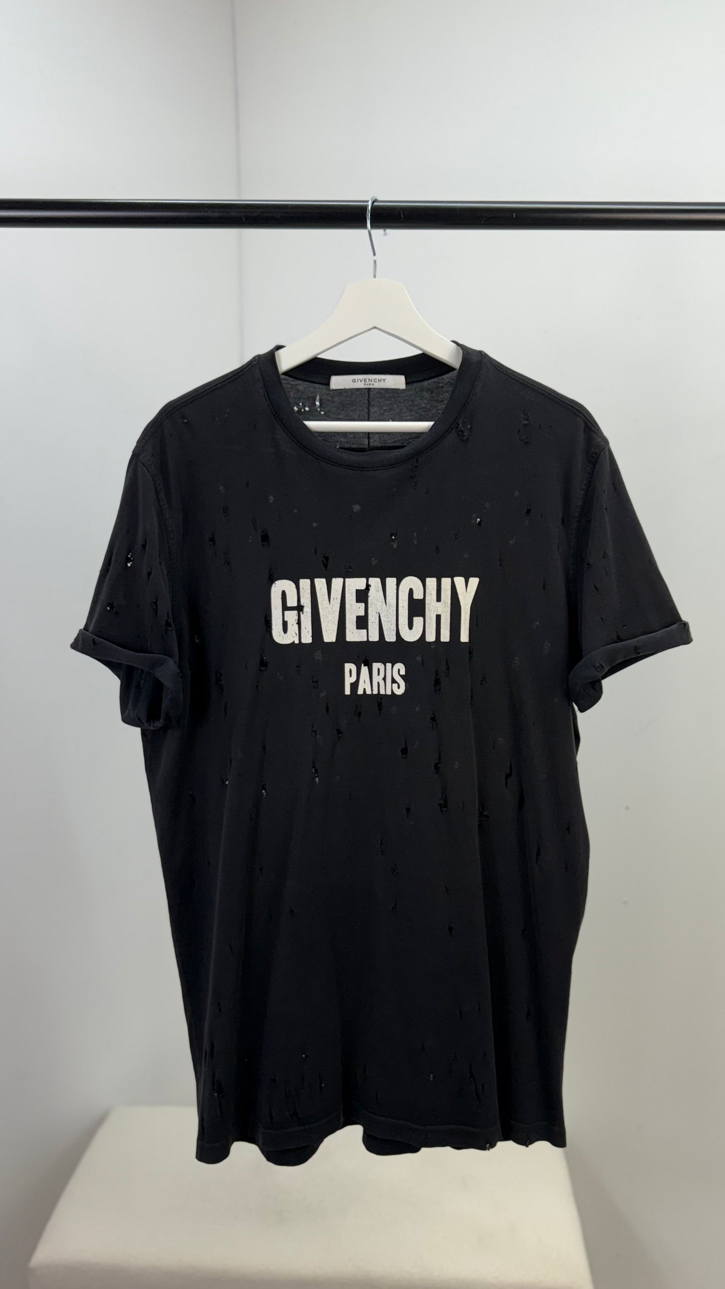Givenchy Black Distressed T-Shirt with Rolled Sleeves - Small