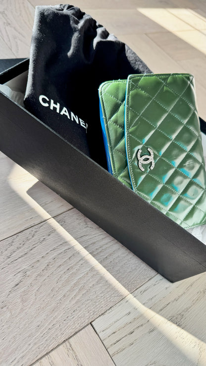 Chanel Green Quilted Patent Chanel Wallet On Chain