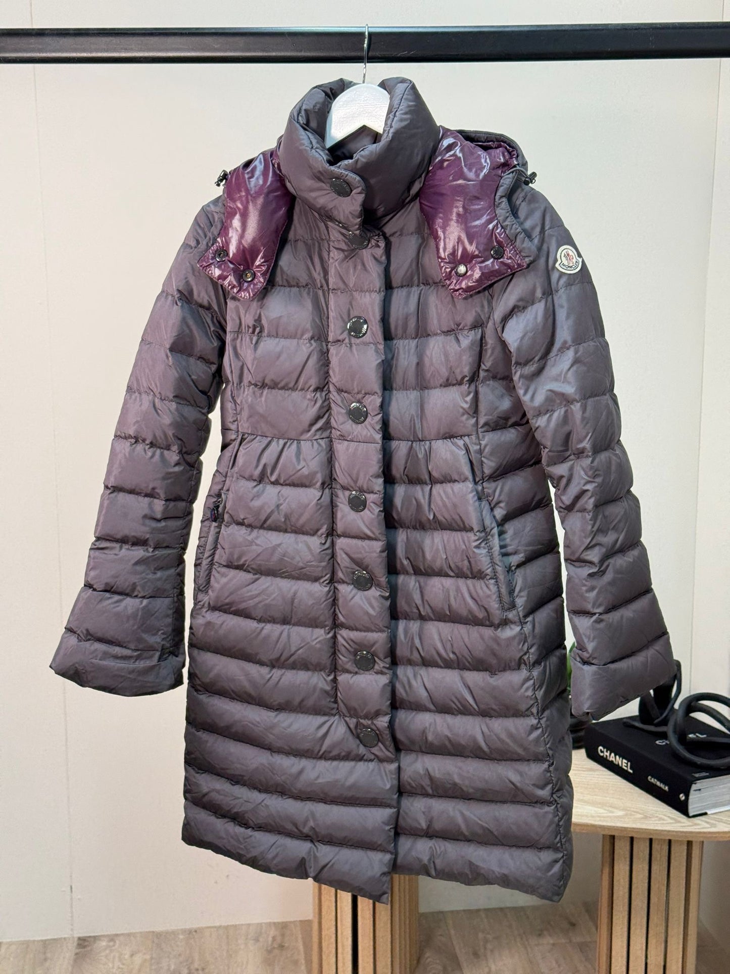 Moncler Jura Down Coat In Dark Grey With Purple Lining -Size 1/Small