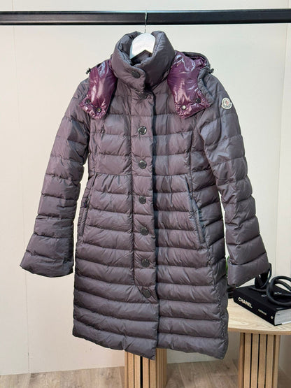 Moncler Jura Down Coat In Dark Grey With Purple Lining -Size 1/Small