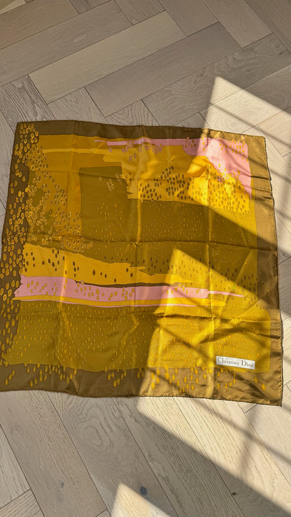 Christian Dior Yellow Brown Abstract Silk Scarf