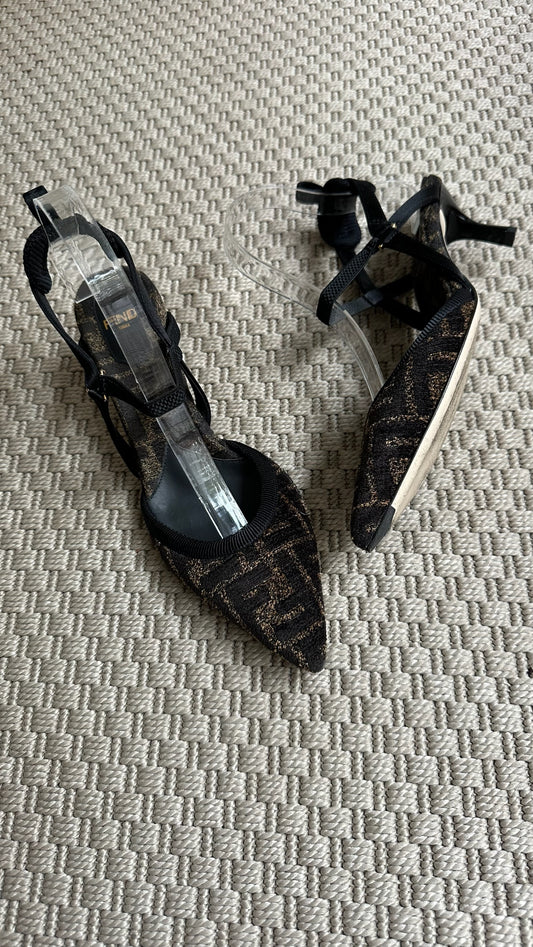 Fendi FF Point Colibri Chenille Slingback Heels-UK 4