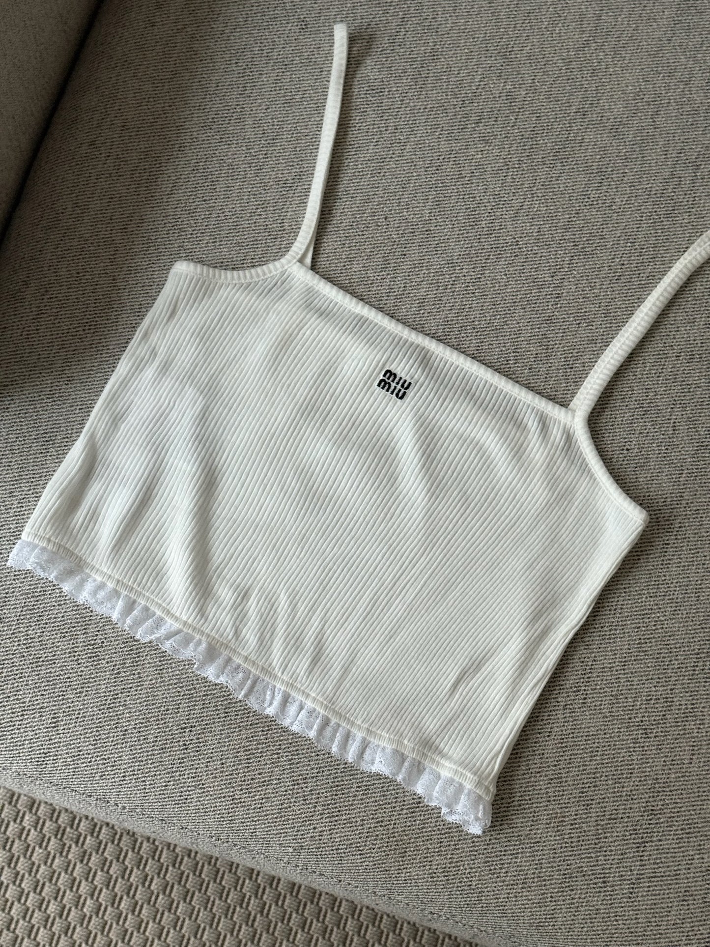 Miu Miu White Frill Ribbed Vest Top - Medium