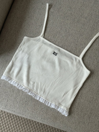 Miu Miu White Frill Ribbed Vest Top - Medium