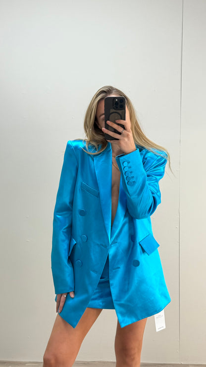 Alex Perry Blue Duchess Silk Blazer Skirt Set, In Tags - UK 8
