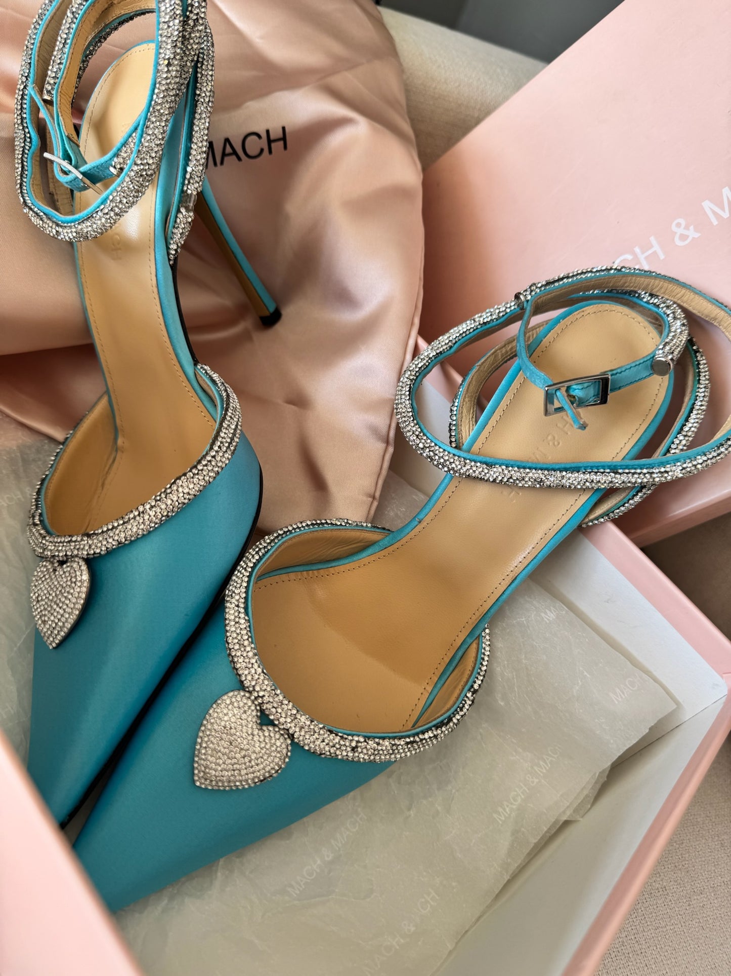 Mach & Mach Mach & Mach Crystal Heart Pointed Toe Pumps Blue Satin – EU 40/UK7