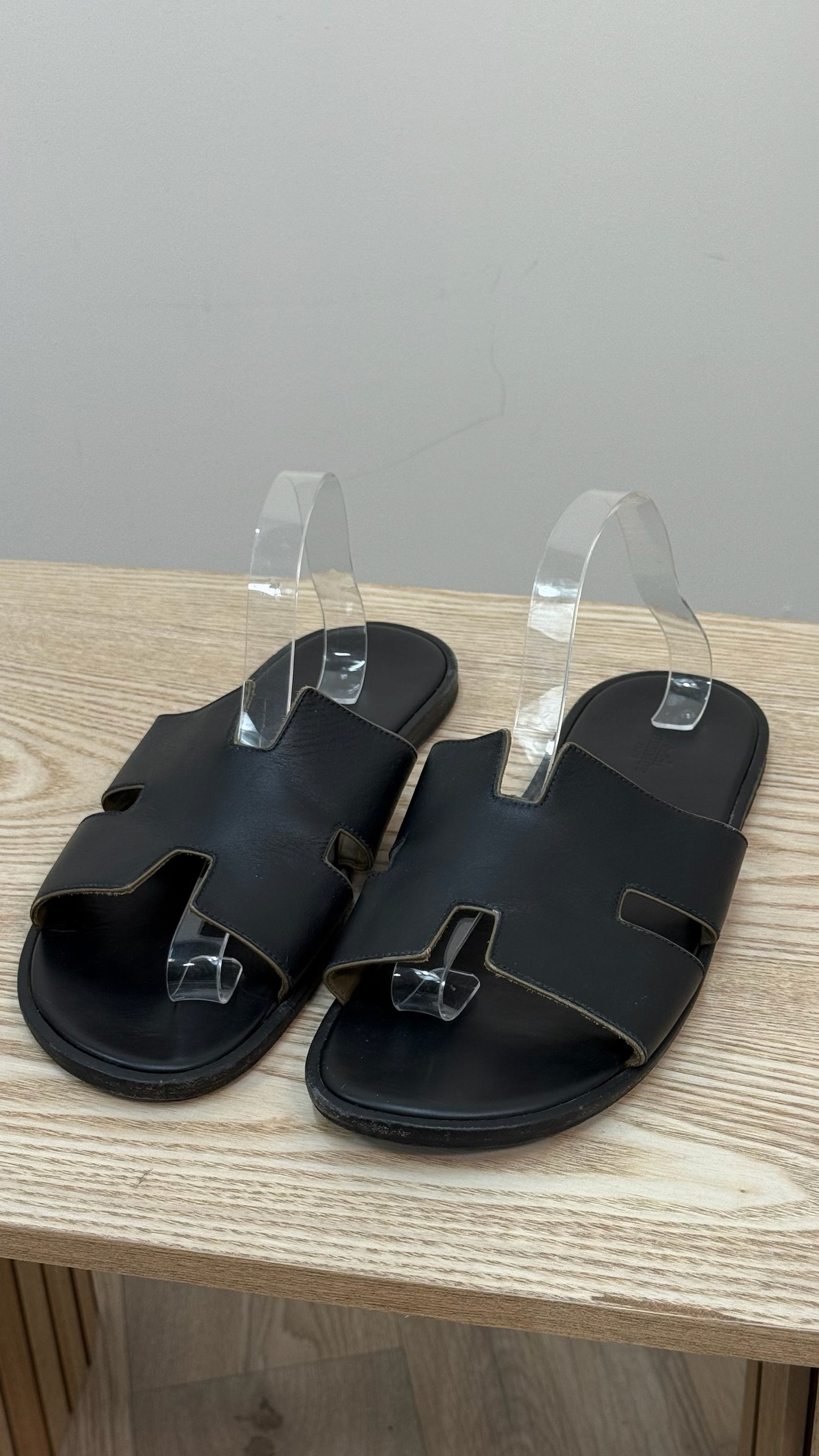 Hermès Black & Khaki Oran Leather Slider EU44/UK10