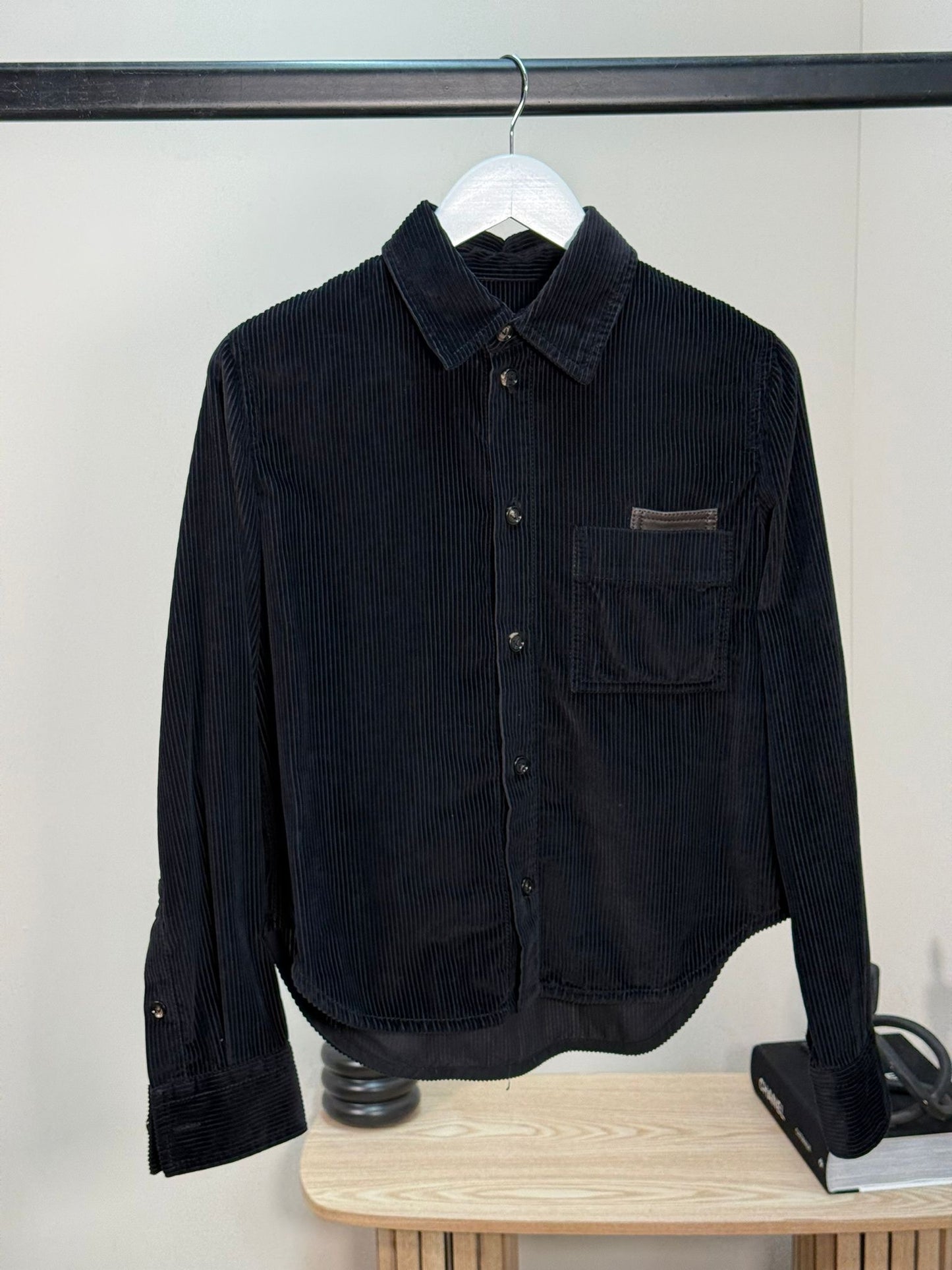 Bottega Veneta Black Ribbed Leather Trimmed Cotton Corduroy Overshirt Jacket - 40/M