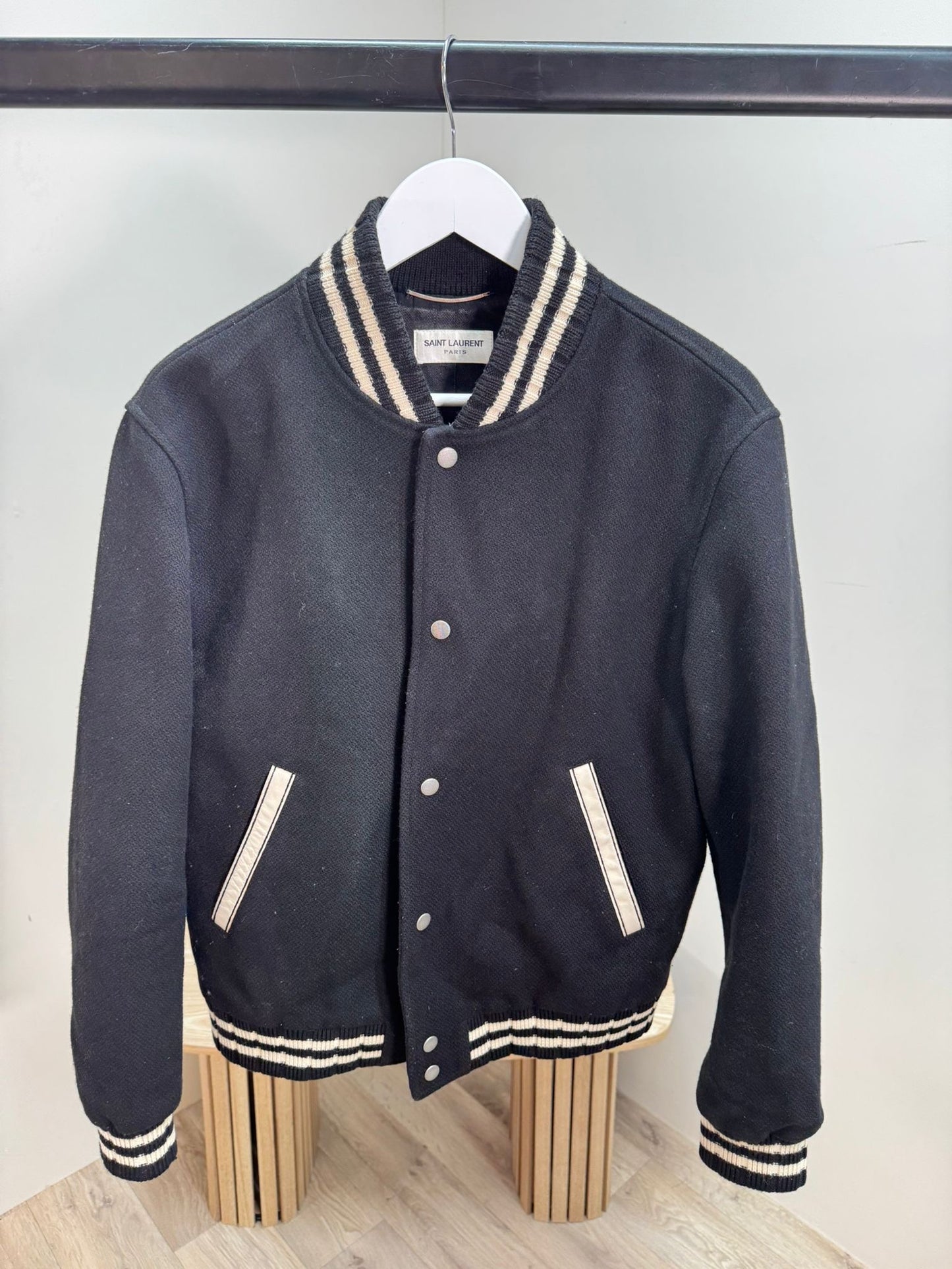 Saint Laurent Black & White Wool-Rich Teddy Varsity Bomber Jacket – 52 / XL