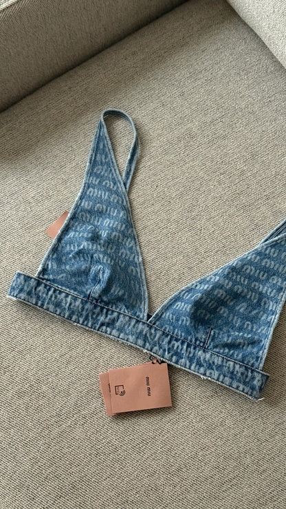 Miu Miu Denim Multi-Logo Bralette Crop - New In Tags 40 / Medium