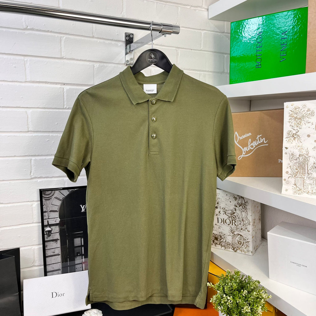 Burberry Khaki TB Button Polo T-Shirt - Small