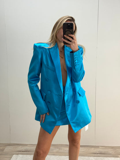 Alex Perry Blue Duchess Silk Blazer Skirt Set, In Tags - UK 8