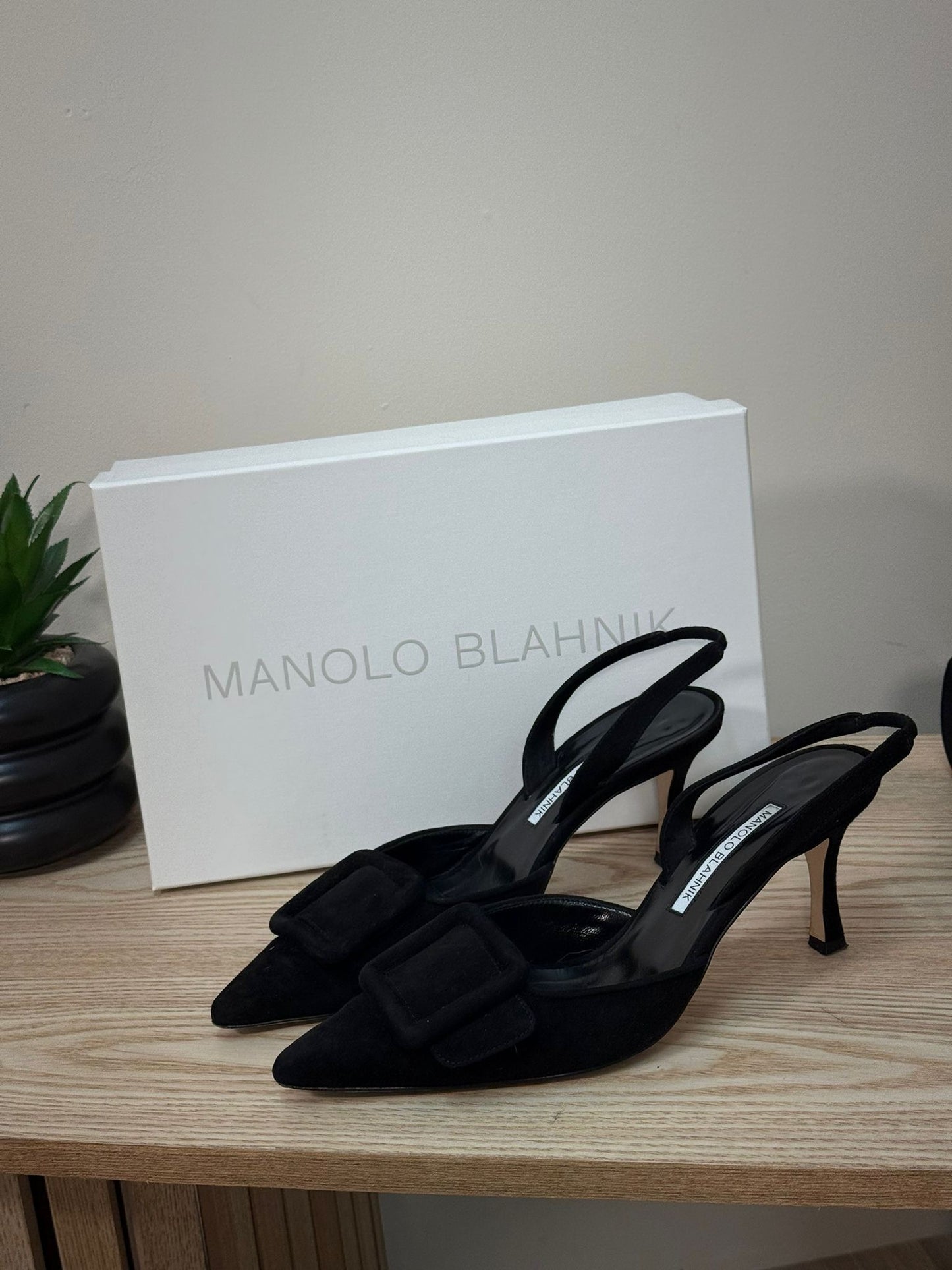 Manolo Blahnik Black Suede Buckle Front Pump Heels - UK 4.5