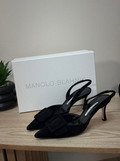 Manolo Blahnik Black Suede Buckle Front Pump Heels - UK 4.5