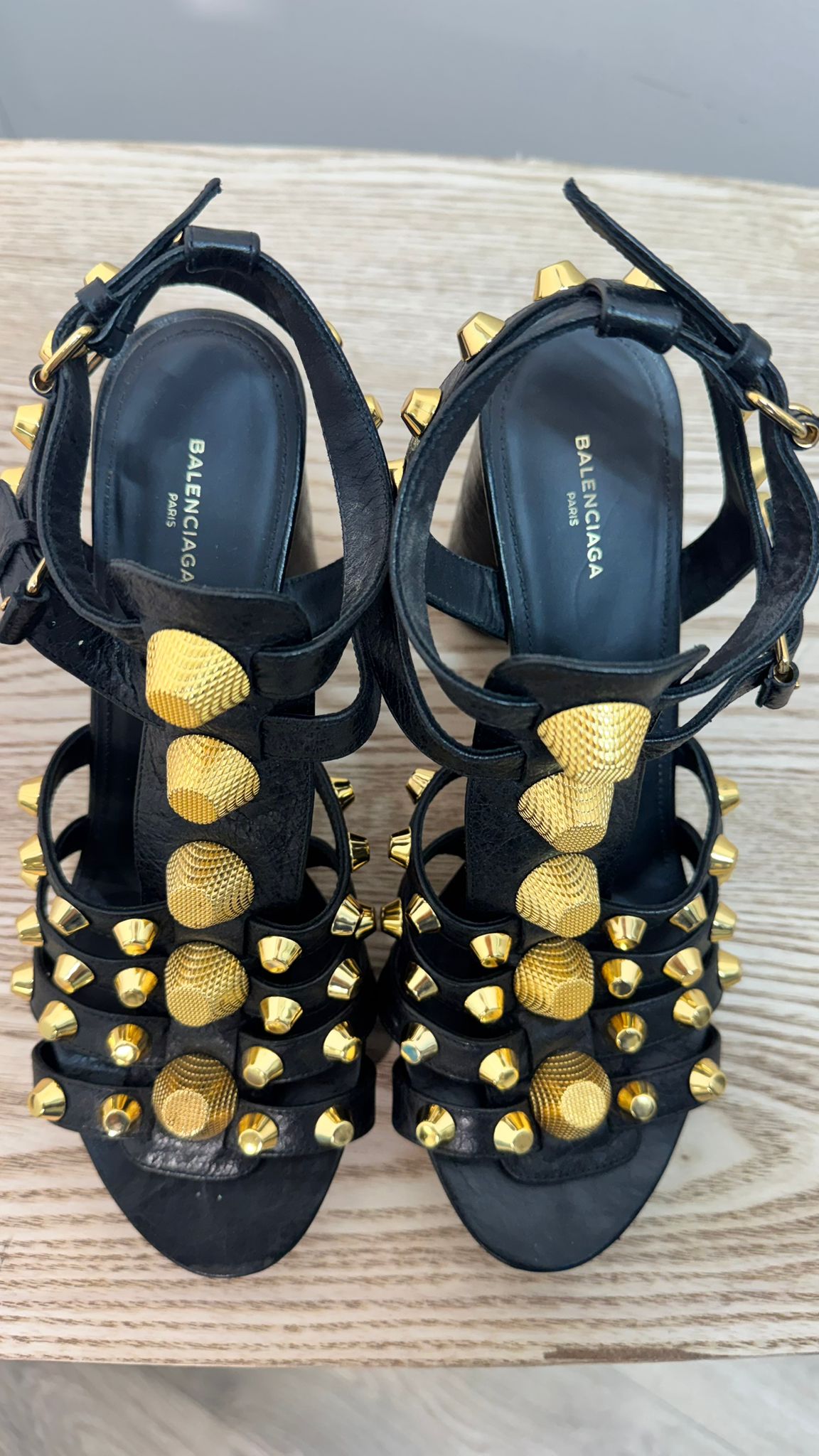 Balenciaga Black Gold Arena Giant 80 Gladiator Heeled Sandals – EU 38 / UK 5