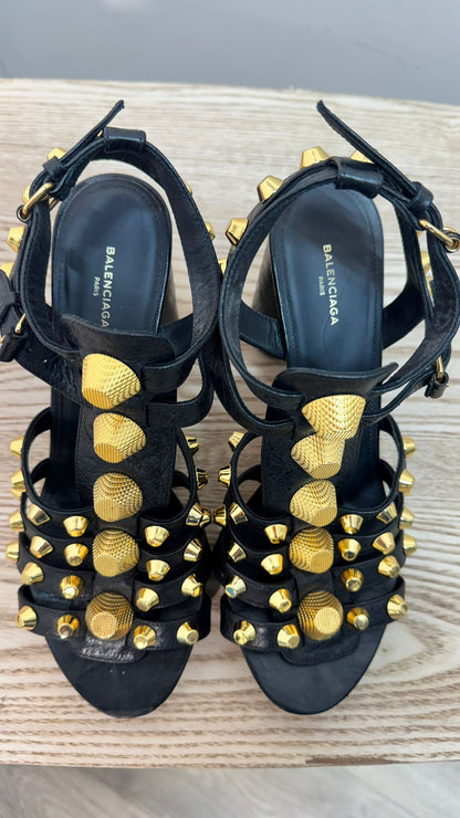 Balenciaga Black Gold Arena Giant 80 Gladiator Heeled Sandals – EU 38 / UK 5
