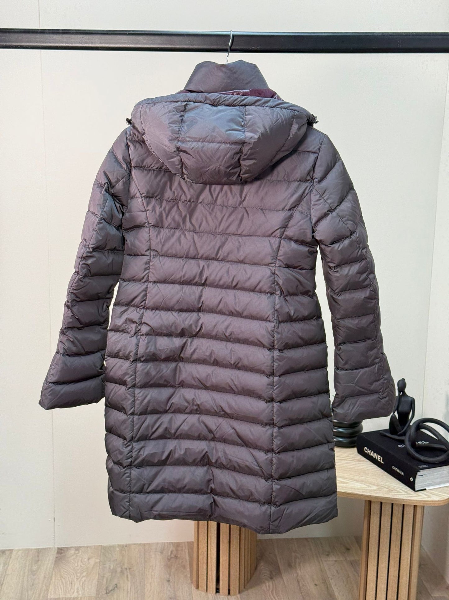 Moncler Jura Down Coat In Dark Grey With Purple Lining -Size 1/Small